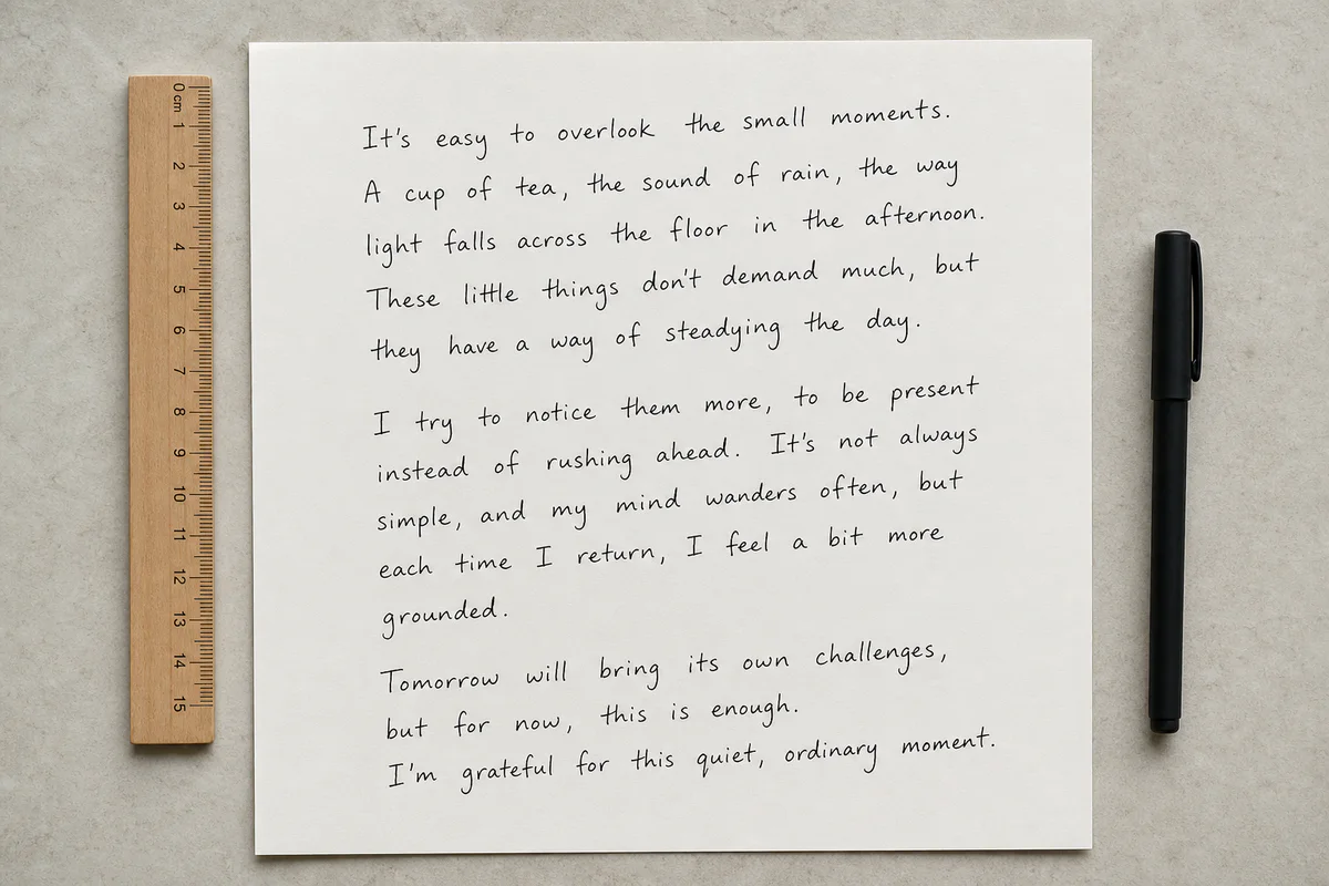 Overhead photograph of a handwritten page showing natural margins, word spacing, line spacing, and baseline